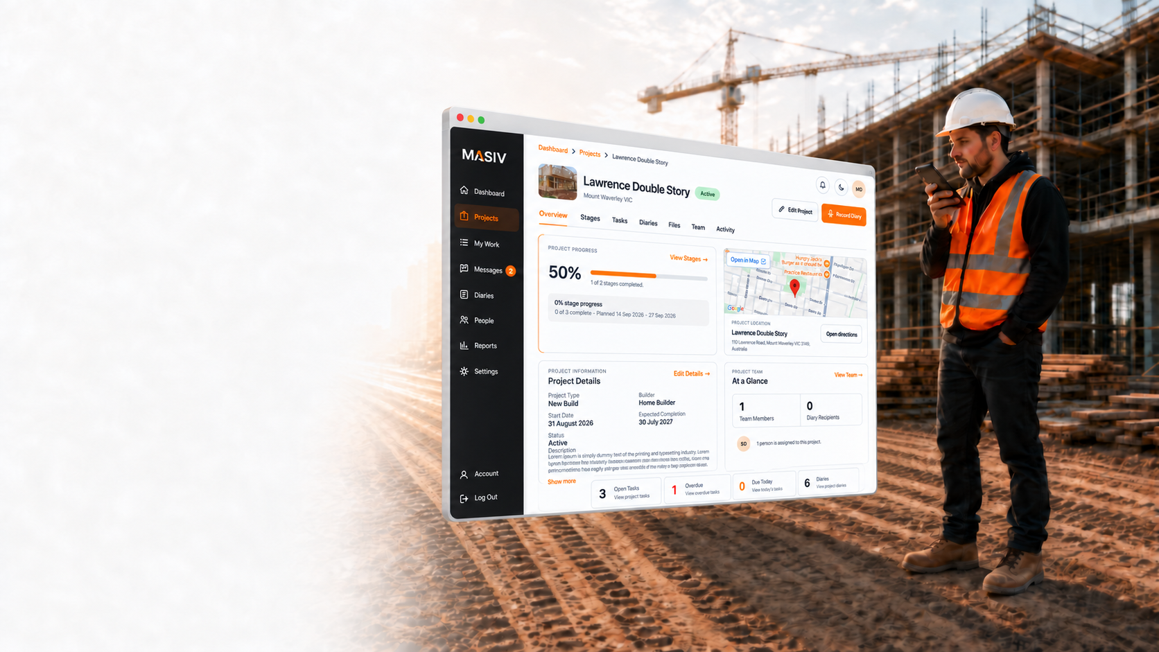Construction supervisor beside the MASIV Project Workspace overview
